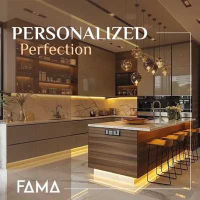 This is personalized perfection. A large kitchen island with seating, a marble backsplash, and extensive backlit shelving that functions as both kitchen storage and a bar display. The warm, multi-level lighting creates a perfect space for cooking, dining, and entertaining.