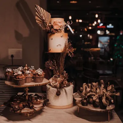 An aesthetic engagement dessert table with a rustic, bohemian theme. The setup includes a two-tier cake, matching cupcakes, and other small desserts, all decorated with dried flowers and pampas grass.