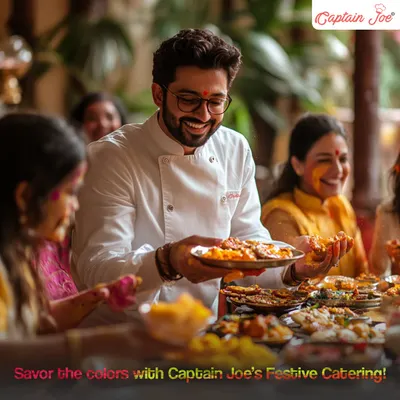 Savor the colors of the festival with my special Holi catering. This image captures the joyful spirit of Holi, with a chef serving delicious food to guests, perfectly matching the vibrant energy of the celebration.