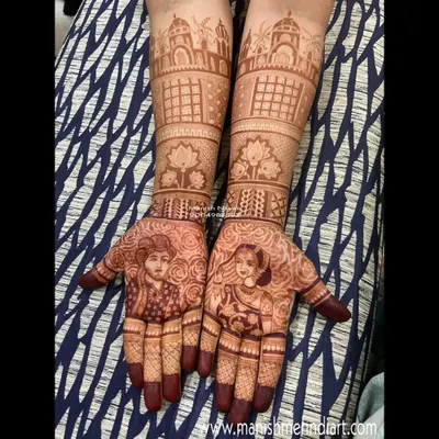 This is a full bridal mehndi design featuring portraits of the bride and groom, along with architectural details of a gurdwara. Creating such personalized story-telling designs is a key part of my advanced course.
