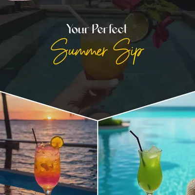 Your perfect summer sip, captured in three different settings: poolside, seaside, and at sunset. This collage showcases our range of refreshing cocktails that are perfect for any summer celebration.