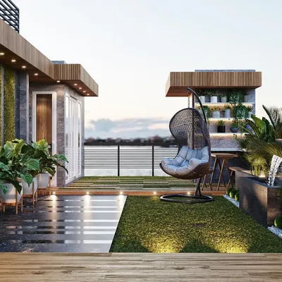 A spacious terrace garden design with a stunning view. The layout includes a mix of artificial grass and dark tiles, a hanging swing chair, and a vertical garden wall.