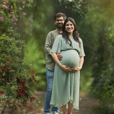 A sweet and natural moment between an expecting couple, surrounded by the lush greenery of a Delhi park. Outdoor sessions like this are perfect for capturing relaxed, authentic interactions and love.