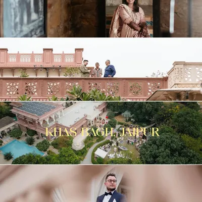 A glimpse into a destination wedding at Khas Bagh, Jaipur. The drone shot shows the scale of the heritage property, setting the scene for a royal celebration.