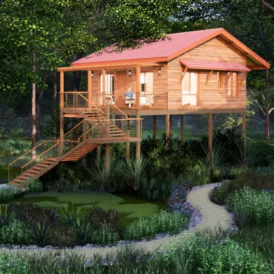 A rendering of a machan-style cottage at the Birwa Forest Resort. Elevated on stilts, this wooden structure minimizes its ground impact while offering guests a unique perspective from within the forest canopy, blending sustainable design with an immersive nature experience.
