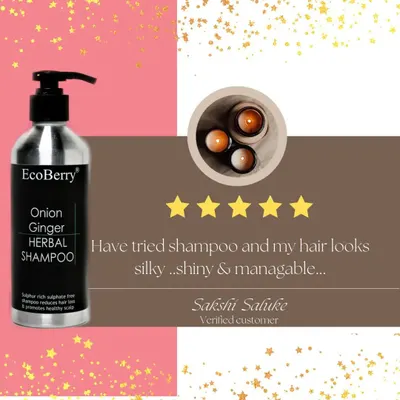 You speak for us! A verified customer, Sakshi Saluke, gives our Onion Ginger Herbal Shampoo a five-star review, saying her hair looks "silky, shiny & manageable" after using it.