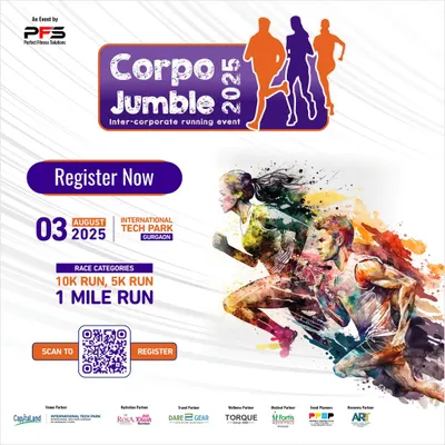 The ultimate corporate showdown. This poster for the Corpo Jumble 2025 invites companies to register their teams for our premier inter-corporate running event, offering a unique platform for team building and brand visibility.