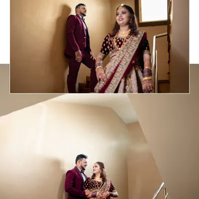 A collage of a couple's reception, showing a stylish pose on a staircase and an intimate, happy moment.
