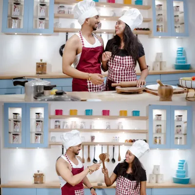 A collage from our "Recipe of Love" shoot. From sharing a look to a playful sword fight with wooden spoons, these photos capture the fun and laughter of cooking together.