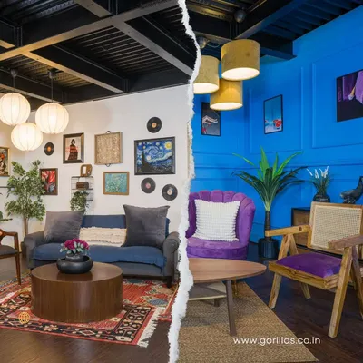 A before-and-after look at our versatile indoor studio sets. We can customize the space to be a cozy, art-filled living room or a vibrant, modern podcast studio to match your vision.