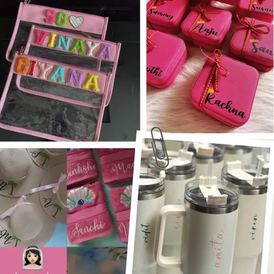 A little bit of everything. This collage showcases some of the items we can include in our hampers, from personalised pouches and jewellery boxes to custom tumblers.