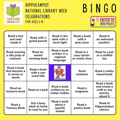 BINGO! Our National Library Week Reading Bingo is the perfect way to explore new books. Read in a silly costume, build a fort, or read outdoors to complete the challenge and win prizes.