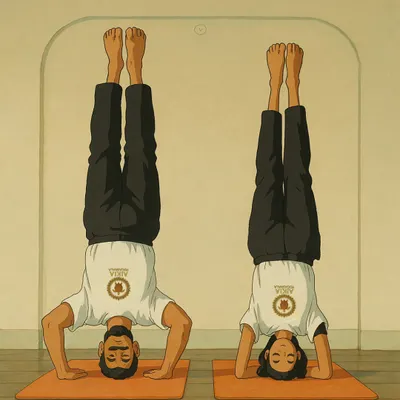 If Aikia were a Ghibli film... a whimsical illustration of two yogis in Sirsasana, where breath flows like wind and the mat is a portal to inner peace.