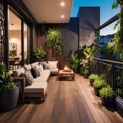 This spacious balcony is designed for evening entertaining with a large wooden sectional and warm, ambient lighting. We used a combination of a vertical garden and numerous potted plants to create a lush, jungle-like feel against the dark, modern walls.