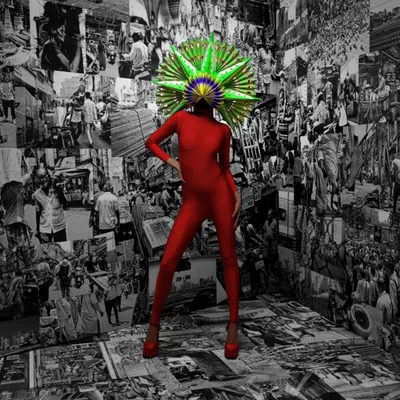 Another powerful image from "The Stars of a Quiet Struggle." The standing pose is confrontational and strong, with the red bodysuit and green headpiece creating a vivid contrast against the monochrome city collage.