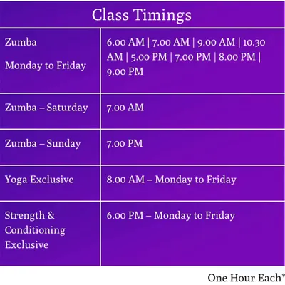 Our comprehensive class schedule. With multiple batches for Zumba, Yoga, and Strength training throughout the day, timing will never be an issue.
