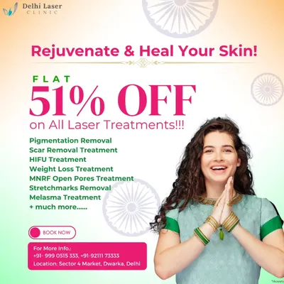 Our Independence Day Mega Sale graphic, announcing a flat 51% discount on all laser treatments, including pigmentation removal, scar removal, HIFU, and more.