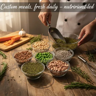This is where the magic begins. A chef carefully measures out fresh legumes and grains, the foundation of our custom, nutritionist-led meals. We handpick every ingredient to ensure quality and freshness in every bite.