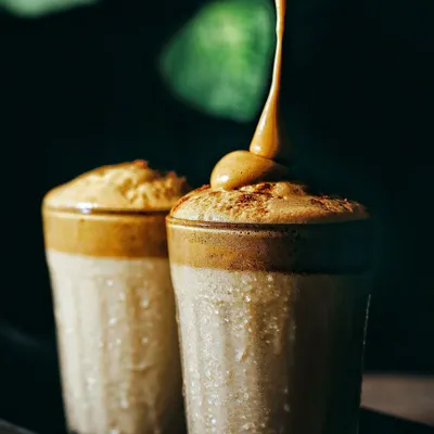 Capturing the perfect pour of creamy Dalgona coffee into a glass. The dark, moody background with soft green highlights makes the texture of the foam the hero of this shot.