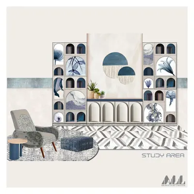 This is the mood board we created for the study area. It visualizes the concept for the bespoke bookshelf, color palette, and furniture, serving as a key communication tool between our team and the client.