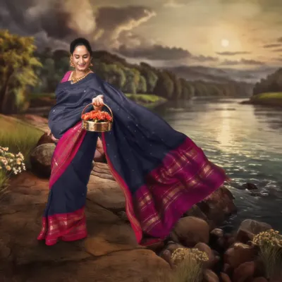 Echoes of elegance. Inspired by the legendary Raja Ravi Varma, this enchanting scene places our beautiful mumma-to-be serenely by a painted river.