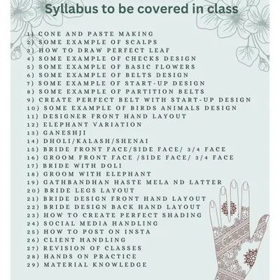 Here is a detailed look at the syllabus for my comprehensive mehendi course. We cover everything from cone making and basic elements to advanced bridal layouts and client handling.