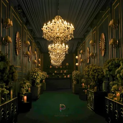 We designed this grand entrance to feel like stepping into another world. A dramatic hallway lined with towering floral arrangements, antique wall sconces, and a procession of crystal chandeliers creates an unforgettable first impression that is pure main character energy.