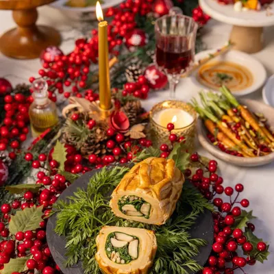 The centerpiece of our Holiday Feast, a magnificent Chicken Wellington, sliced and ready to be served amidst a festive, candlelit table setting.