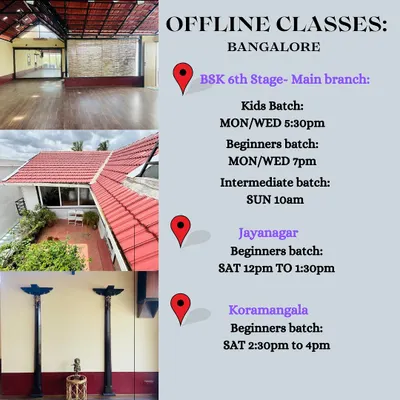 Here is a clear schedule for our offline classes across Bangalore. We have batches for kids, beginners, and intermediate students at our main branch in BSK 6th Stage, as well as beginner batches in Jayanagar and Koramangala.