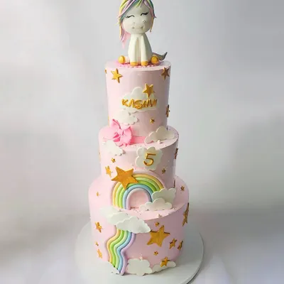 A three-tier unicorn cake that is pure magic. Dressed in soft pink, this cake features cascading rainbows, golden stars, and an adorable fondant unicorn on top, making it a dreamy centerpiece for a 5th birthday.