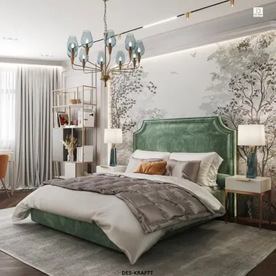 A side view of this serene bedroom, highlighting the custom shelving unit and the elegant chandelier that adds a touch of modern glamour to the nature-inspired space.