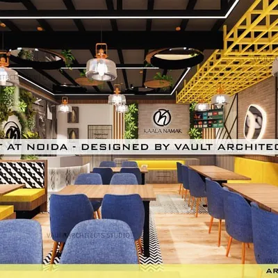 This is a 3D render of the restaurant we designed in Noida. The design features a vibrant mix of yellow and blue, industrial-style ceiling elements, and varied seating arrangements to create a dynamic and welcoming atmosphere.