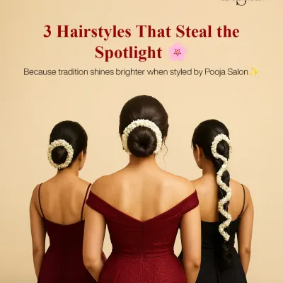 Here are three timeless hairstyles that always steal the spotlight. We showcase two variations of the classic gajra bun and one long, jasmine-wrapped braid, demonstrating our versatility in traditional hair artistry.