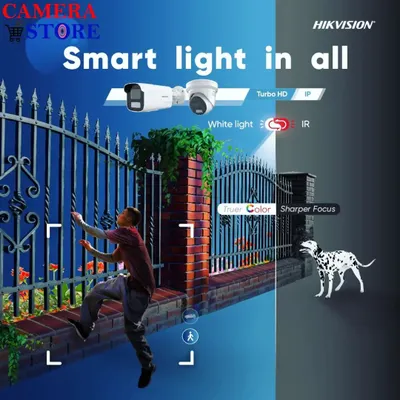 This graphic shows how Hikvision's Smart Hybrid Light works. The camera stays in discreet infrared mode until a person or vehicle is detected, then it activates a white light to capture full-color detail and deter the intruder.