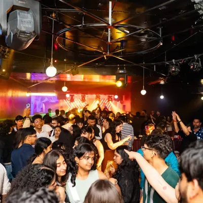 A wide view of the dance floor at Nolimmits during one of my sets. You can see the crowd is fully engaged, dancing and having a great time.