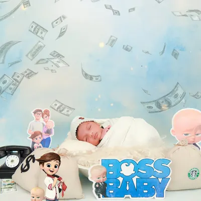 A fun and creative "Boss Baby" themed photoshoot. The baby is surrounded by prop money and characters from the movie for a playful and memorable shot.