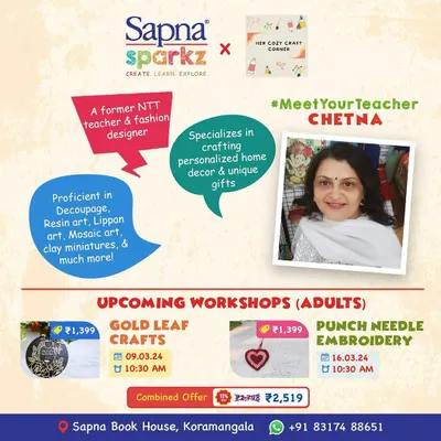 Meet Chetna, one of our amazing workshop leaders! With a background in fashion design and a passion for personalized home decor, she expertly guides participants through decoupage, resin art, and more. Her upcoming workshops include Gold Leaf Crafts and Punch Needle Embroidery.