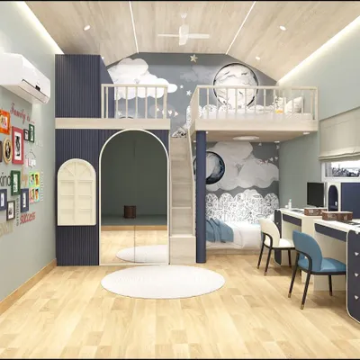 Where bedtime stories meet boardroom dreams. This imaginative kids' room features a loft bed, a double study desk, and a fun, dreamy mural to spark creativity.