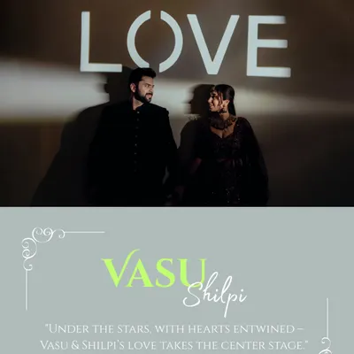 Under the stars, Vasu and Shilpi's love takes center stage. This conceptual shot with the word "LOVE" projected behind them set the tone for a night of modern romance and celebration.