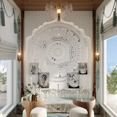 Placed in a prime corner of the home, this mandir is a serene sanctuary bathed in light. It features a stunning, traditional white jali mandala as its centerpiece, radiating quiet strength and spirituality.