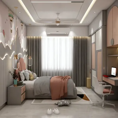 A whimsical kids' room with a hot-air balloon themed mural. The design includes a cozy bed, a compact study desk, and plenty of storage, making it a perfect space for a growing child.
