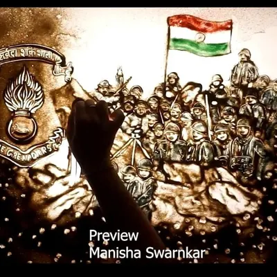 Sarvada Shaktishali. A powerful frame from a sand art film created for the Indian Army, showing our brave soldiers with the tricolour held high. A tribute to our real heroes.