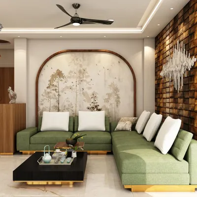 This living room design combines a plush green sectional sofa with a textured 3D wall panel and a unique soundwave art piece, creating a space that is both comfortable and visually dynamic.