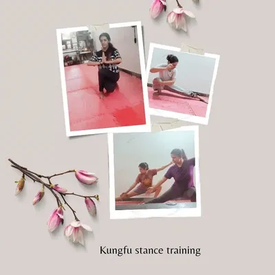 Kung Fu stance training is the foundation of our fitness. This collage shows students working on fundamental postures and stretches that build a strong base and improve flexibility.