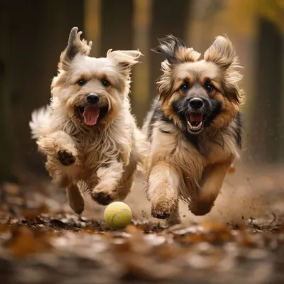 Double the fun! Two furry friends racing for a tennis ball during playtime in our spacious outdoor area.