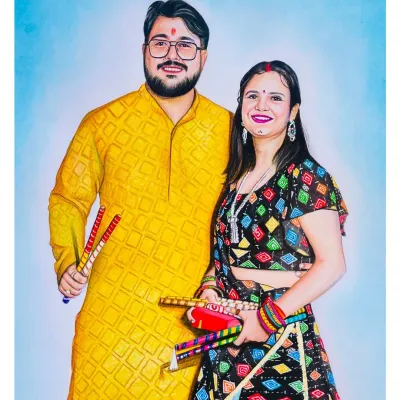 A beautiful couple portrait, commissioned all the way from Canada. I used vibrant color pencils to capture the festive details of their traditional outfits and their happy expressions.