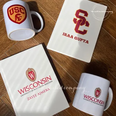 Your campus essentials, upgraded. We create personalized stationery and mugs with university logos, like these sets for USC and Wisconsin, perfect for students heading off to college.