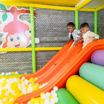 Two friends sliding into a sea of fun. Our multi-lane slide encourages parallel play and helps children learn to take turns while enjoying the thrill of the ride.