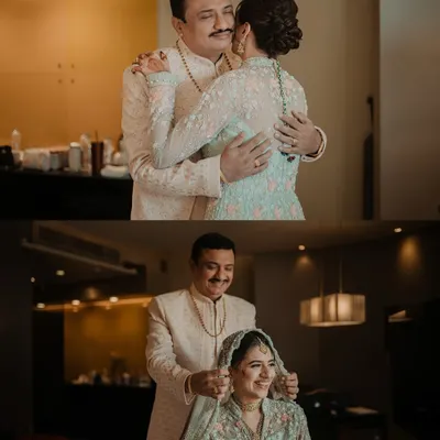 A collage capturing the emotional 'first look' between the bride and her father. His proud smile and her happy tears are the moments we live to document.