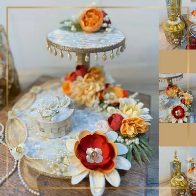 A collage showcasing the elegance of our custom ring platter on a Mother of Pearl base. The design features a bespoke burnt orange floral theme, pearl details, and matching decorative jars, creating a complete, luxurious set for your engagement ceremony.